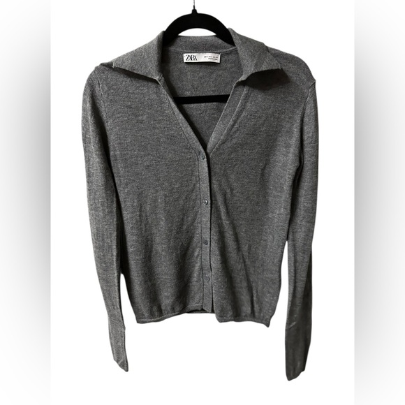 Zara Wool Thin Collared Cardigan Sweater Gray Size Small - Picture 2 of 6